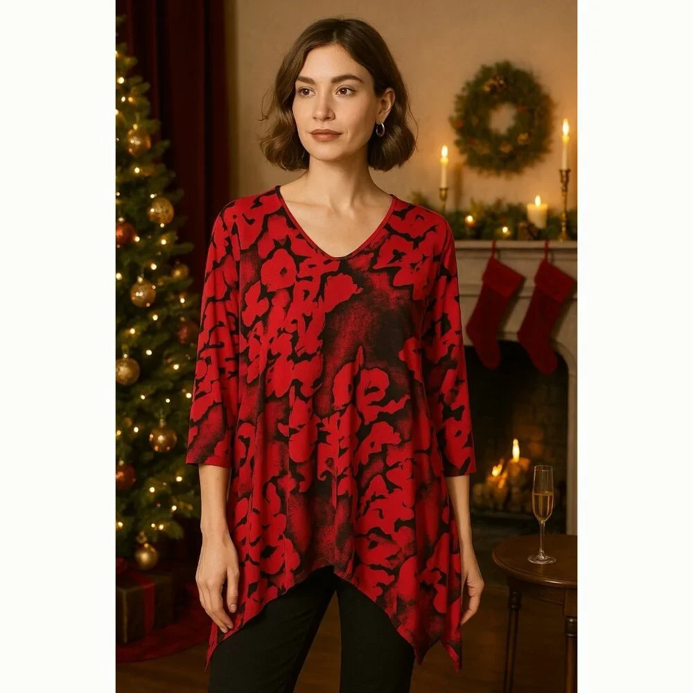 Clara Sun Woo Red Black Abstract Tunic Top XL Asymmetrical Hem Artsy Lagenlook